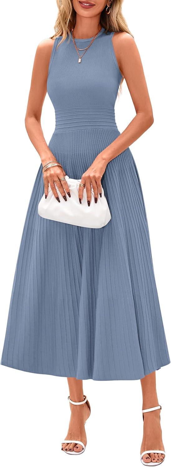 PRETTYGARDEN Spring Casual Dresses for Women 2026 Summer Business Work Midi Sleeveless A Line Pleated Cocktail Dress