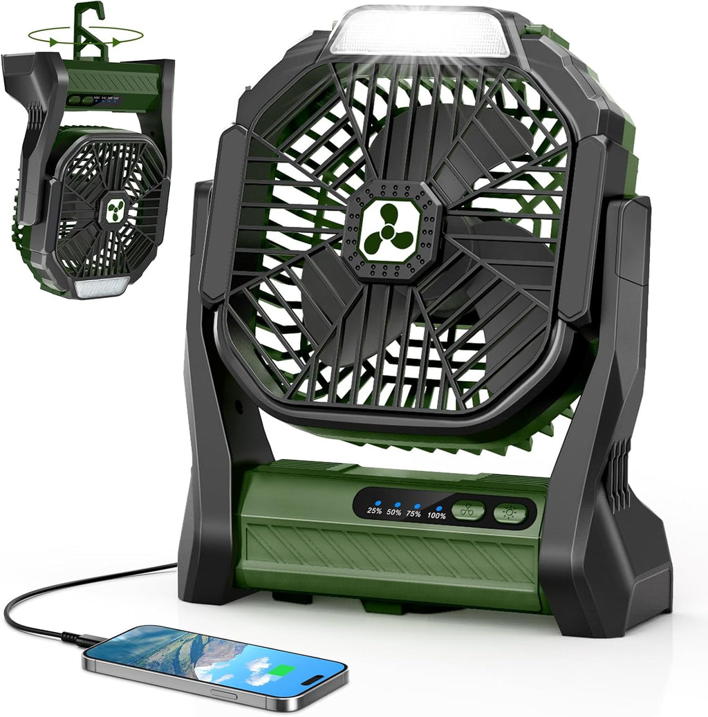 Peouix Portable Rechargeable Fan, 20000mAh Cordless Battery Powered Camping Tent Fans with LED Lantern, Small USB C Operated Outdoor Ventiladores for Travel Camp Fishing Office Home Essentials