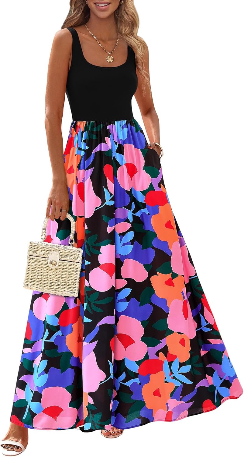 KIRUNDO Women Summer Sleeveless Boho Floral Maxi Dress 2026 Scoop Neck Tank A Line Flowy Beach Vacation Resort Wear Sundress