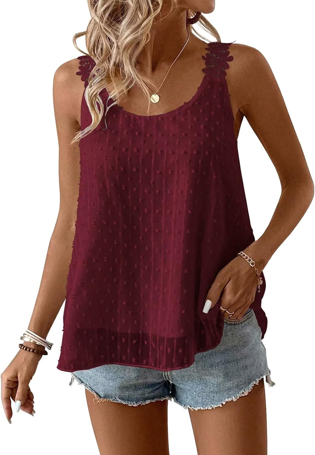 Womens Tank Tops Flowy Sleeveless Summer Boho Tank Top for Women Casual Crewneck Strap Lace Camisole Shirts