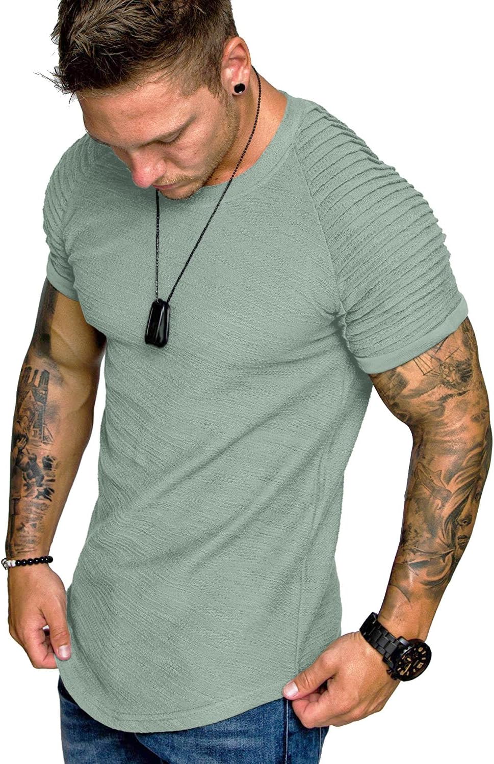 COOFANDY Men's Muscle T-Shirt Pleated Raglan Sleeve Bodybuilding Gym Tee Short Sleeve Fashion Workout Shirts Hipster Shirt