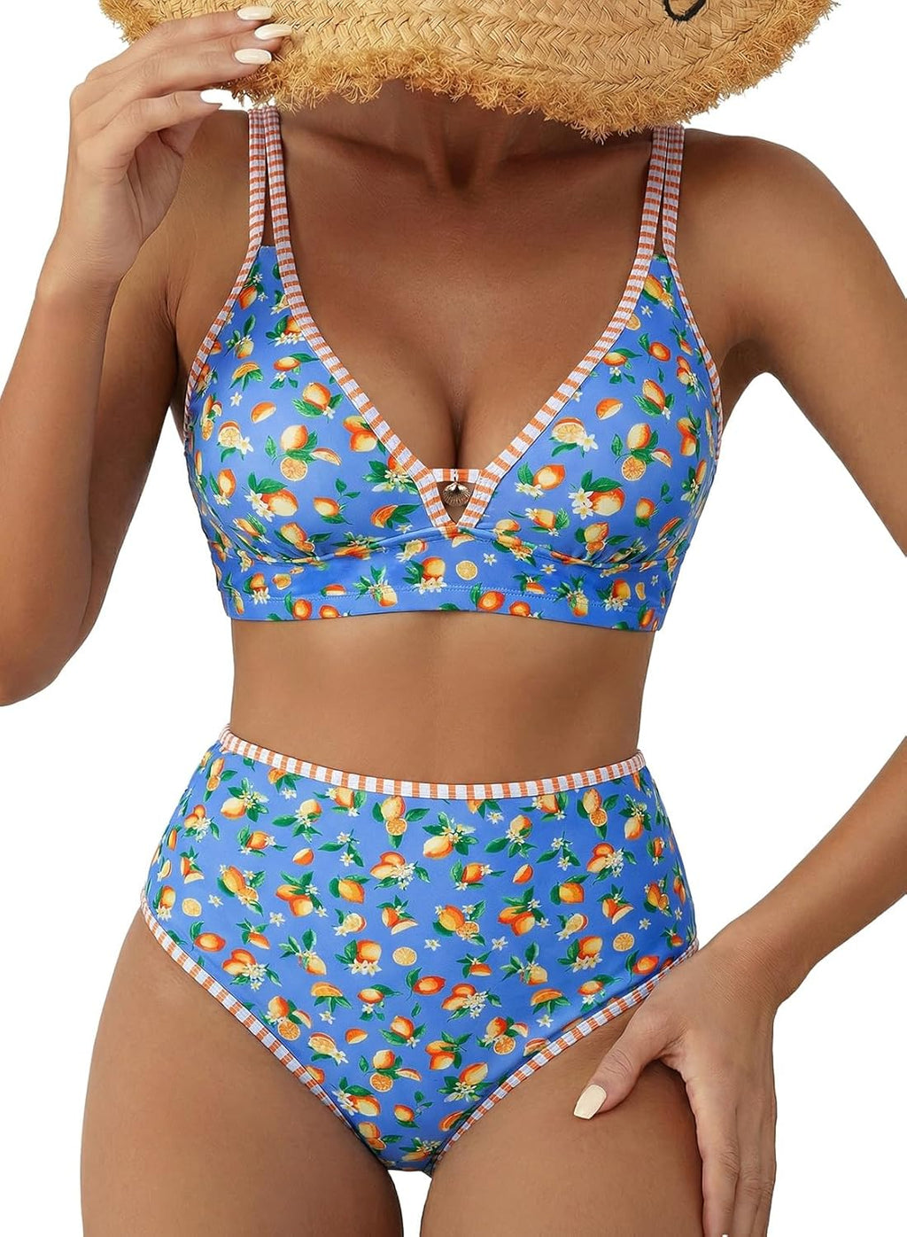 Herseas Women's 2 Piece Floral Print Bikini Sets V Neck Stitch Swimsuits High Waisted Bathing Suit Beach Summer Swimwear