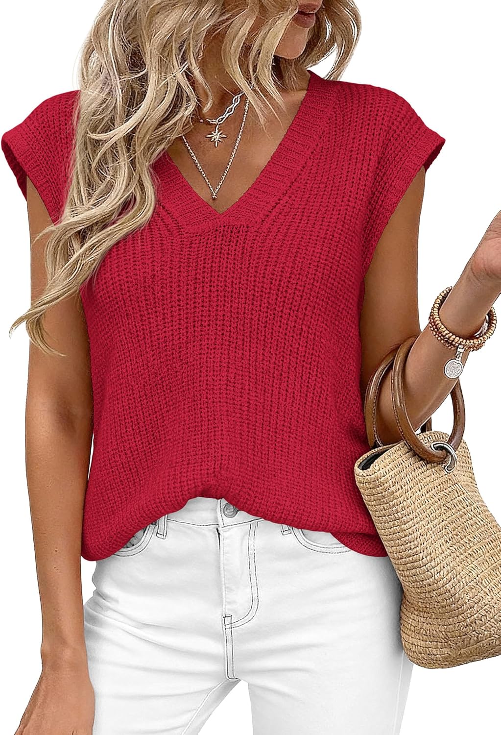 PRETTYGARDEN Women's 2026 Lightweight Sweaters Vest Spring Trendy Cap Sleeve V Neck Knit Tank Tops Summer Going Out Outfits