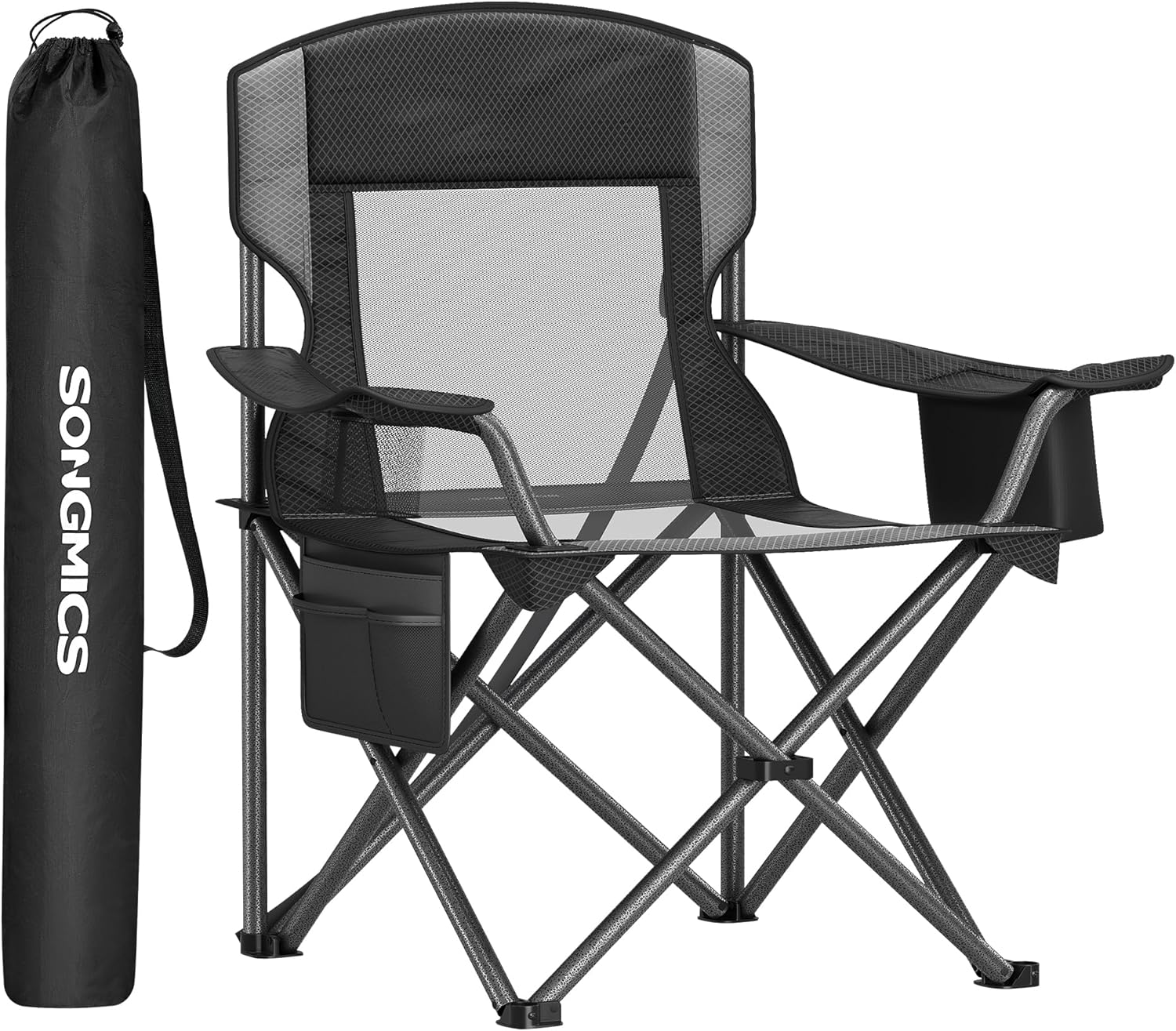 SONGMICS 2 Pack Breathable Camping Chairs, 330 lb Capacity Foldable Outdoor Chairs, High Back, Adjustable Armrests & Cup Holder, for Sports Garden Backyard, Ink Black UGCB028B02