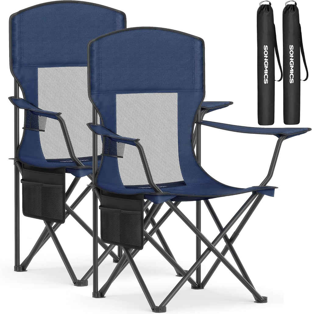 SONGMICS 2 Pack Breathable Camping Chairs, 330 lb Capacity Foldable Outdoor Chairs, High Back, Adjustable Armrests & Cup Holder, for Sports Garden Backyard, Ink Black UGCB028B02