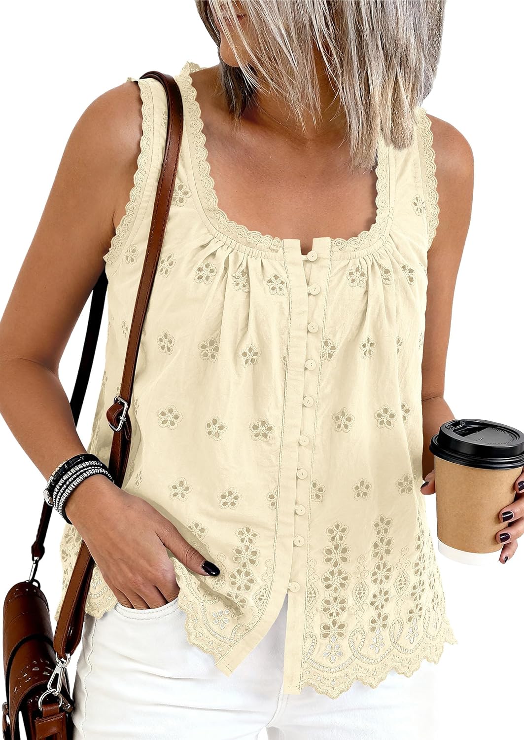 PRETTYGARDEN Womens Tank Tops 2026 Summer Button Down Shirts Embroidered Eyelet Dressy Casual Blouses Beach Vacation Clothes