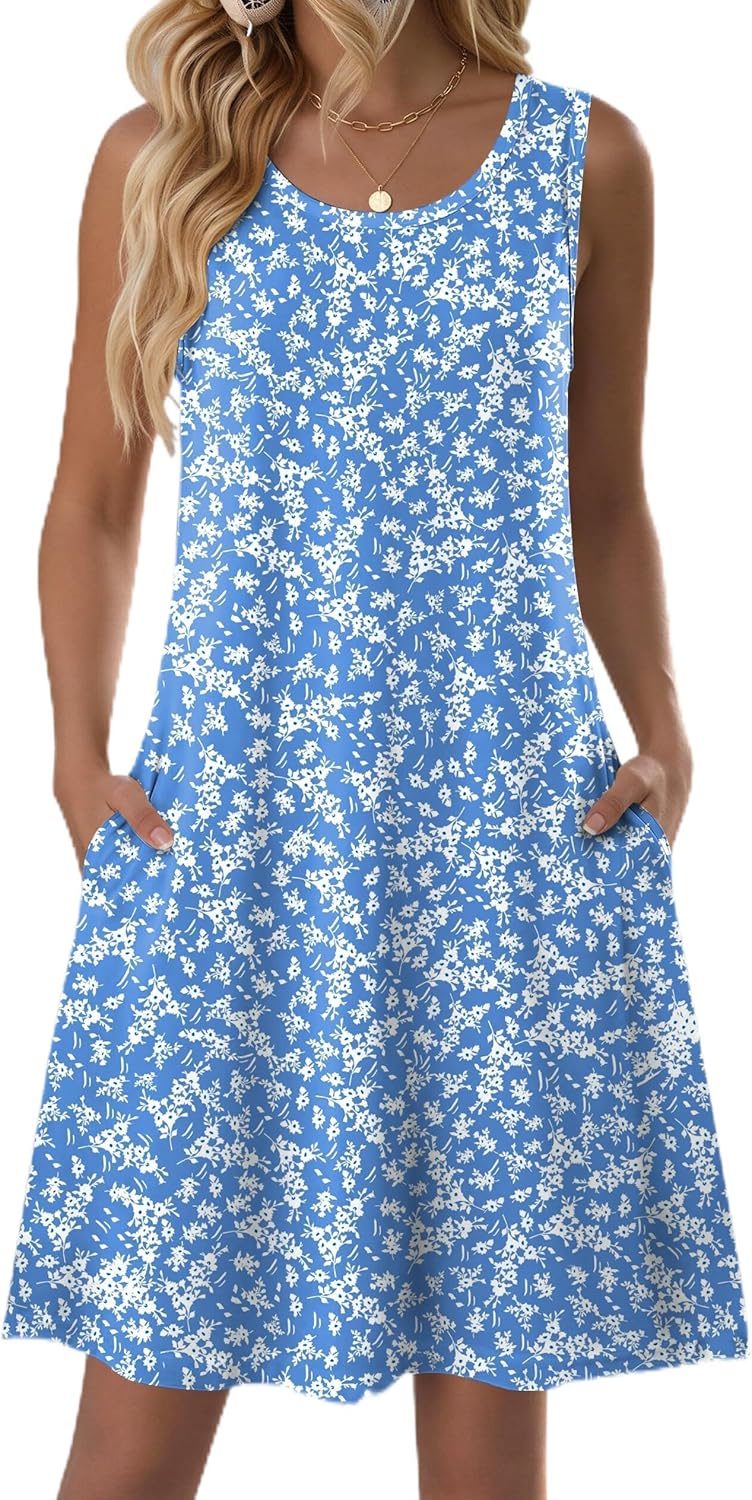 Zeagoo Summer Dresses for Women 2026 Sleeveless Casual Floral Tshirt Sundress with Pockets Loose Tank Beach Dress