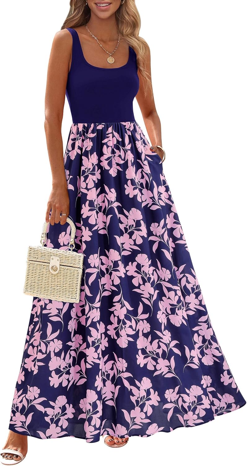 KIRUNDO Women Summer Sleeveless Boho Floral Maxi Dress 2026 Scoop Neck Tank A Line Flowy Beach Vacation Resort Wear Sundress