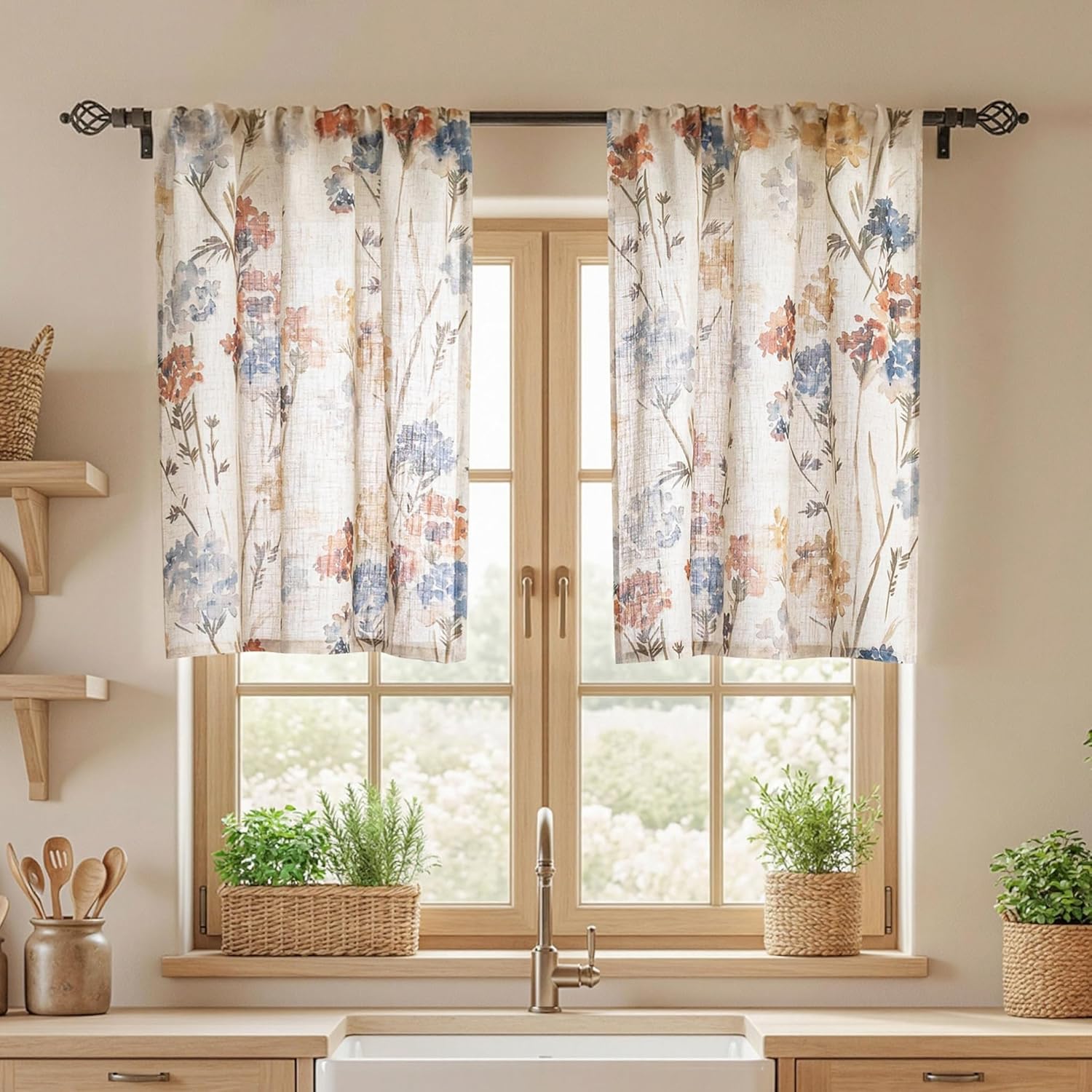 MYSKY HOME Floral Linen Curtains 84 inch Length 2 Panels Set Summer Flower Patterned Semi Sheer Light Filtering Privacy Farmhouse Grommet Drapes for Living/Dining Room, Yellow, W52 x L84, Pack-2