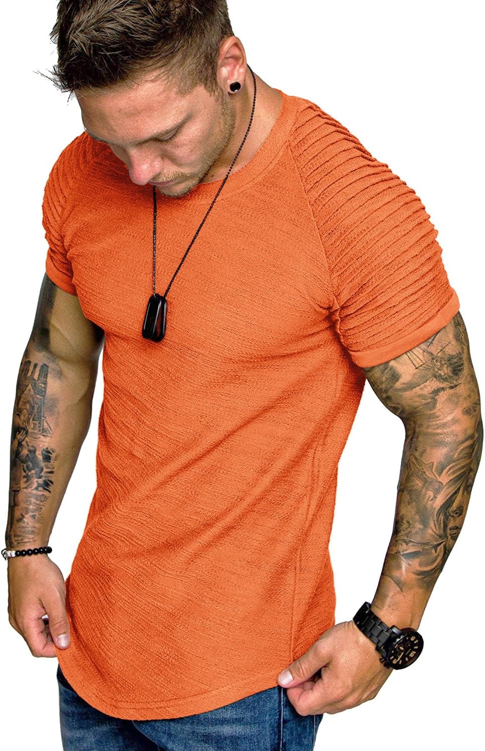 COOFANDY Men's Muscle T-Shirt Pleated Raglan Sleeve Bodybuilding Gym Tee Short Sleeve Fashion Workout Shirts Hipster Shirt