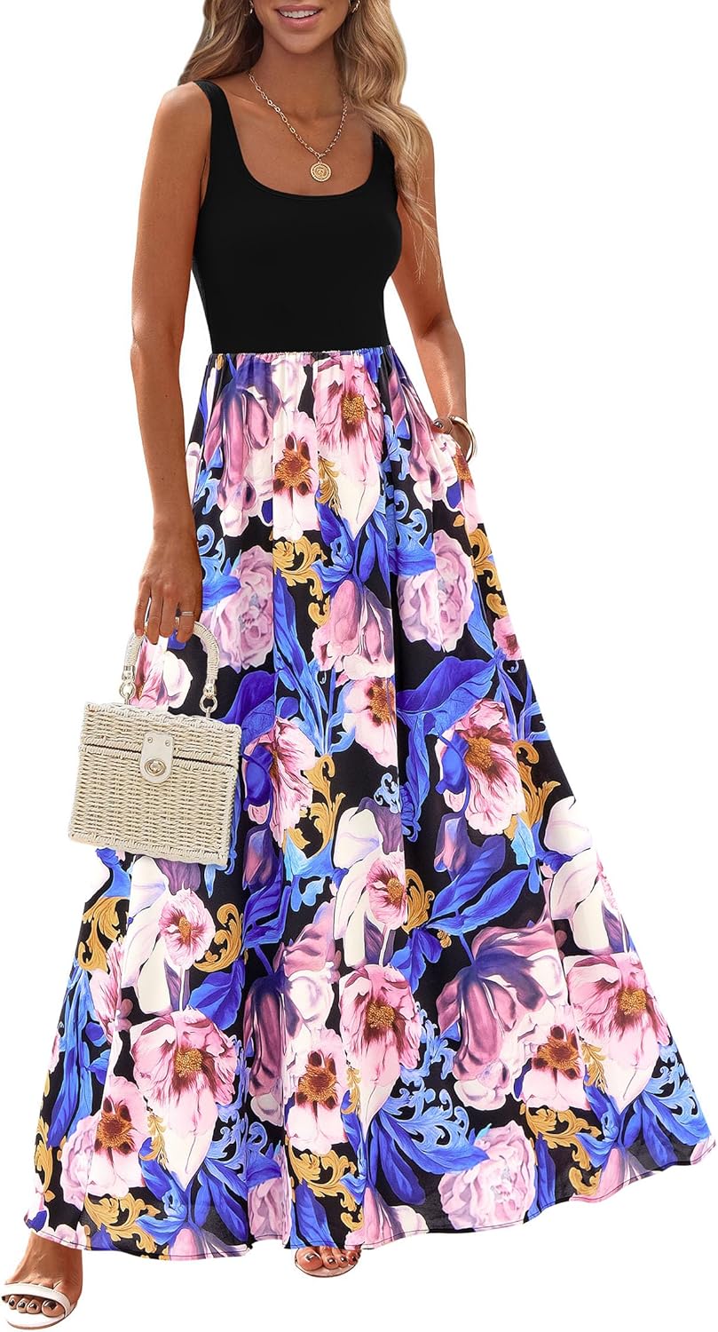 KIRUNDO Women Summer Sleeveless Boho Floral Maxi Dress 2026 Scoop Neck Tank A Line Flowy Beach Vacation Resort Wear Sundress