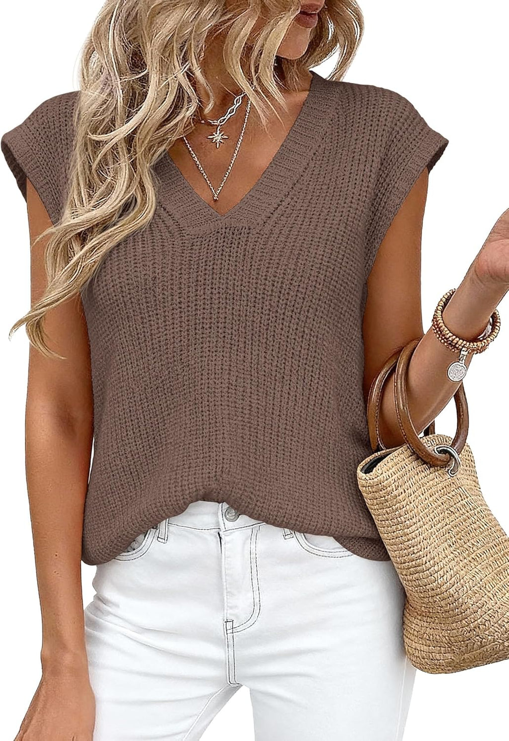 PRETTYGARDEN Women's 2026 Lightweight Sweaters Vest Spring Trendy Cap Sleeve V Neck Knit Tank Tops Summer Going Out Outfits