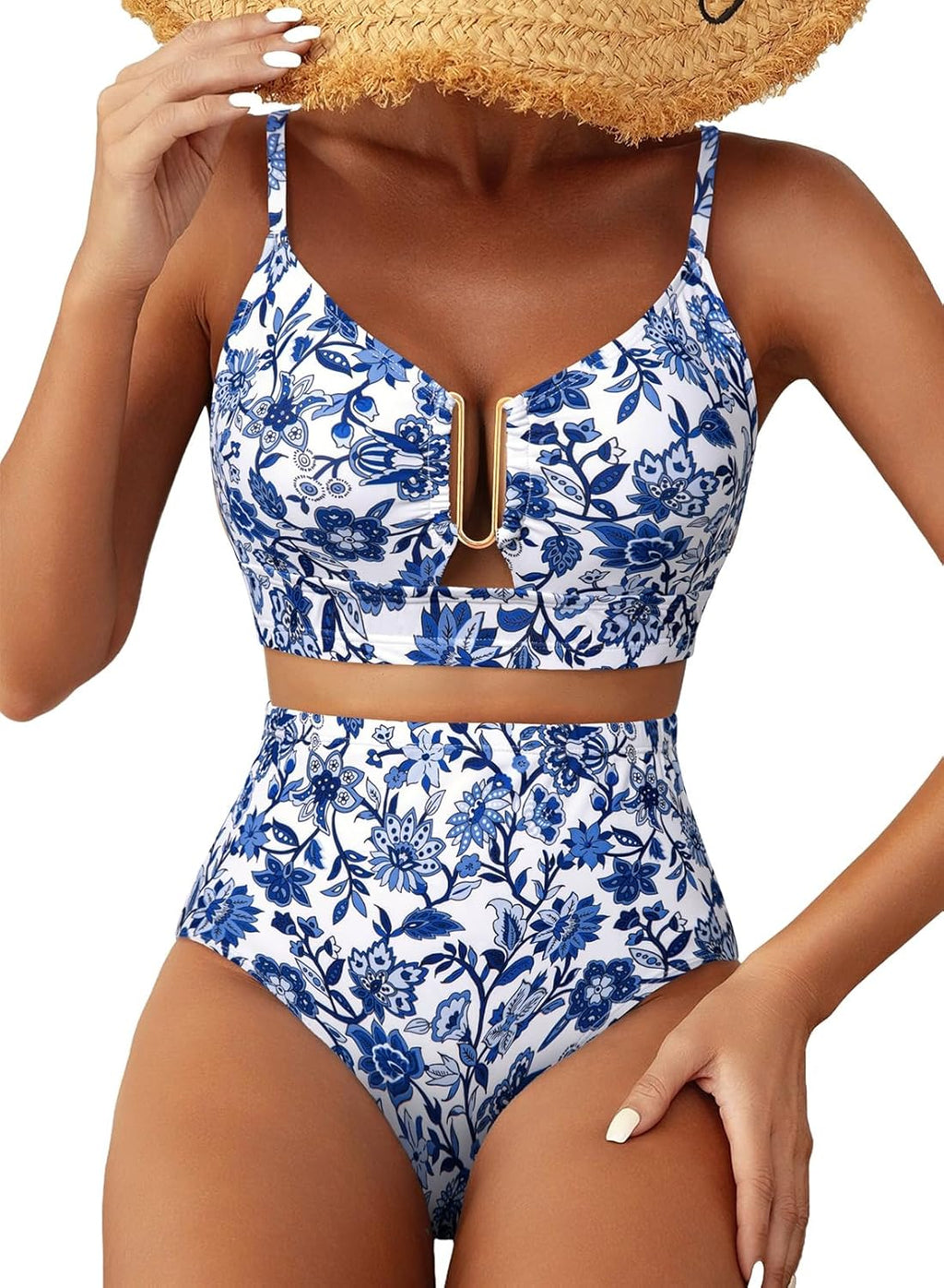Herseas Womens 2 Piece High Waisted U Wire Bikini Set Floral Print Swimsuit Crisscross Back Bathing Suit Beach Swimwear