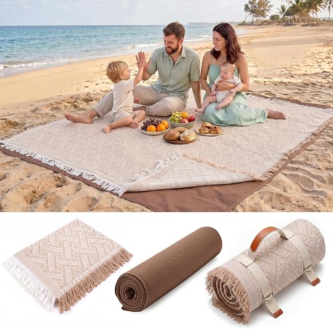 Genovega 2 in 1 Extra Large Rug Outdoor Picnic Blanket Waterproof Woven Boho Mat Giant Beach Towel Travel Essential Yoga Accessories Park Patio Lawn Garden Ground Music Festival Concert Must Have