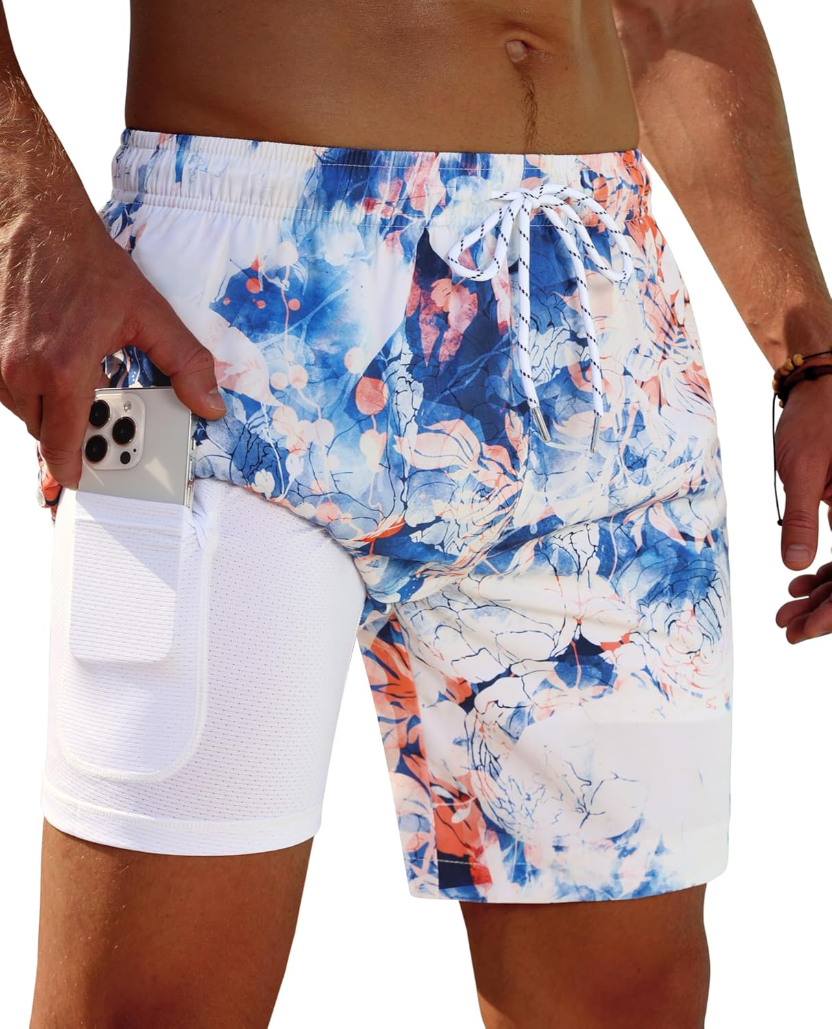 Gleeease 7inch Mens Swim Trunks 2 in 1 with Compression Liner Pockets Drawstring Quick Dry Stretch Lined Funny Beach Pool
