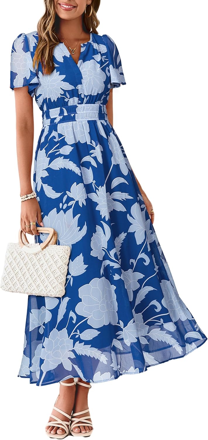 Simplee Women Floral Summer Maxi Dress Boho Flowy Casual Chiffon Short Sleeves V Neck Long Wedding Guest Dresses