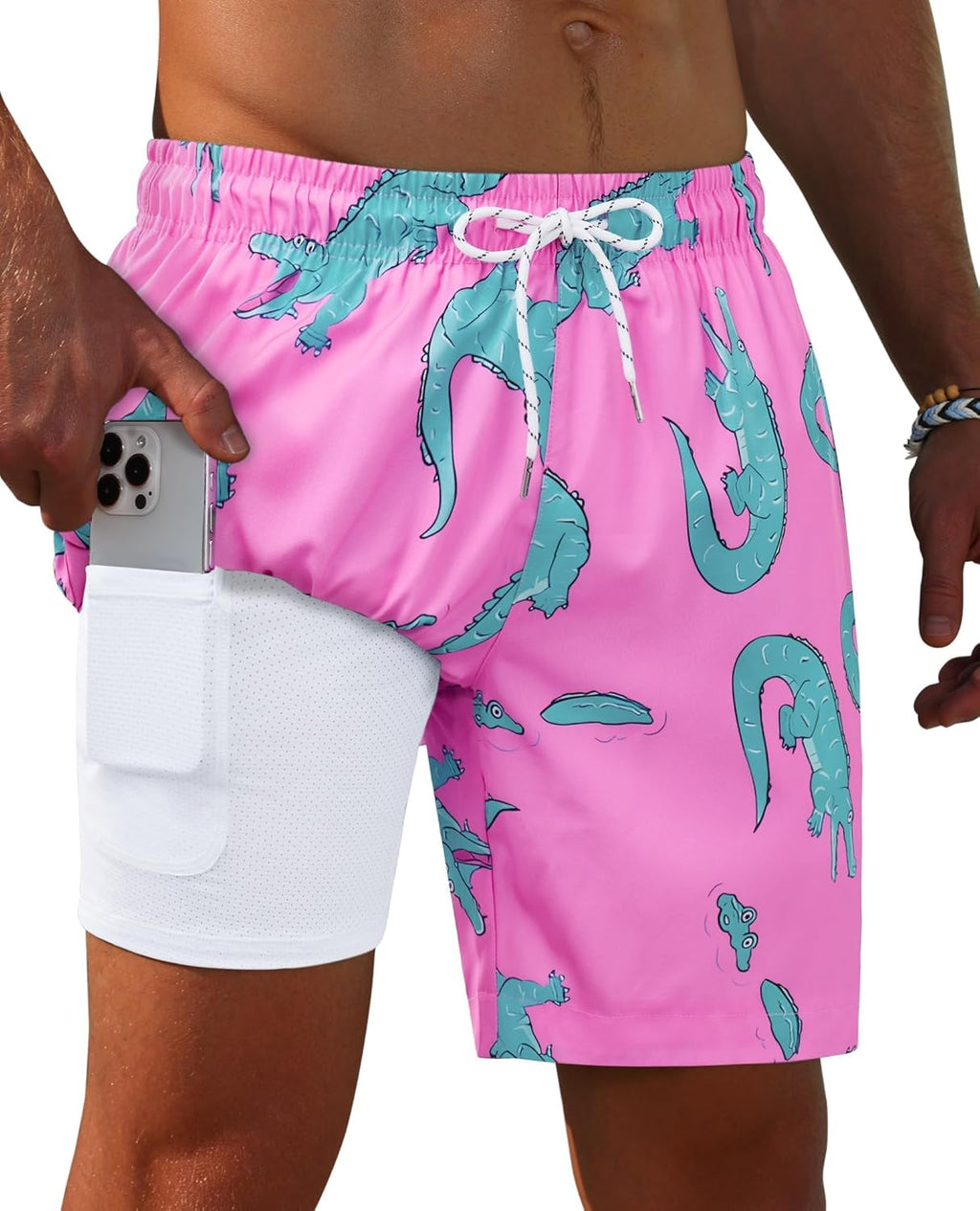 Gleeease 7inch Mens Swim Trunks 2 in 1 with Compression Liner Pockets Drawstring Quick Dry Stretch Lined Funny Beach Pool