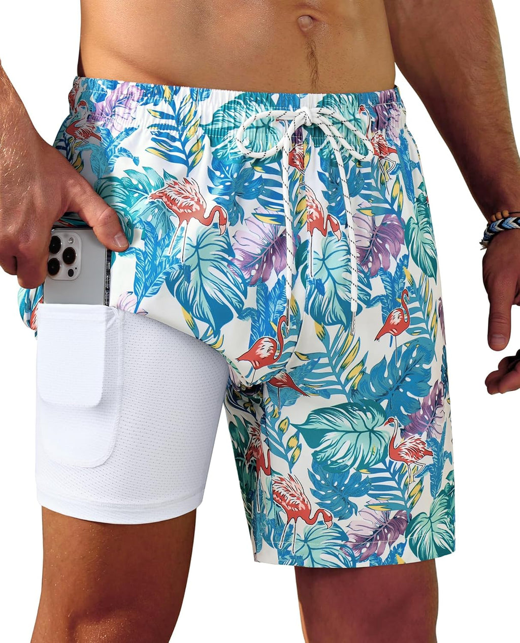 Gleeease 7inch Mens Swim Trunks 2 in 1 with Compression Liner Pockets Drawstring Quick Dry Stretch Lined Funny Beach Pool