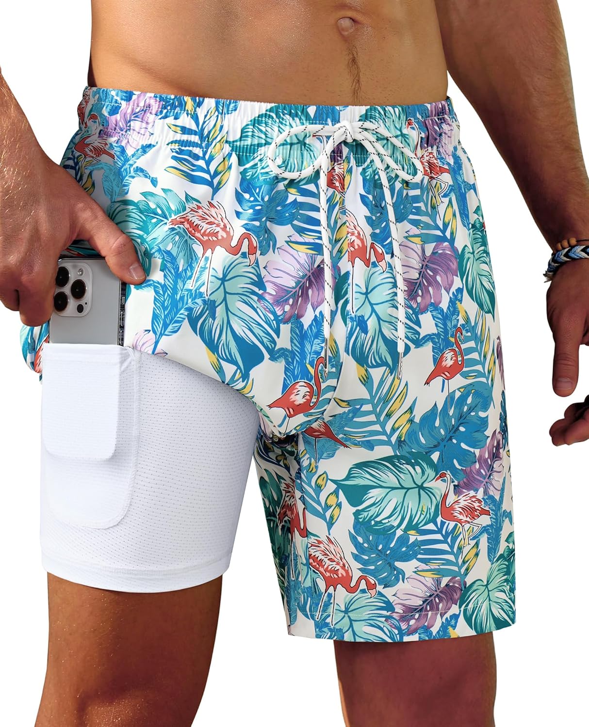 Gleeease 7inch Mens Swim Trunks 2 in 1 with Compression Liner Pockets Drawstring Quick Dry Stretch Lined Funny Beach Pool