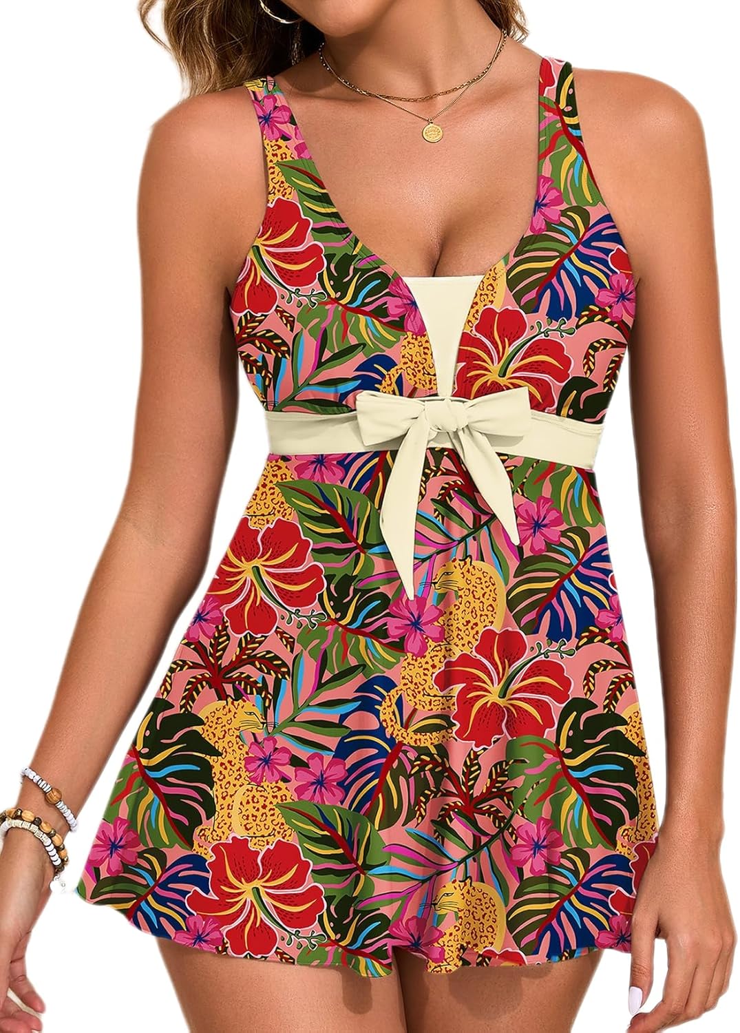 Aleumdr Women Printed Two Piece Tankini Swimsuits Tummy Control Swim Dress High Waisted Boyshort with Pockets