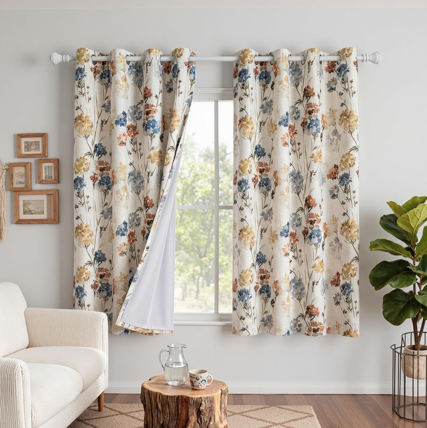 MYSKY HOME Floral Linen Curtains 84 inch Length 2 Panels Set Summer Flower Patterned Semi Sheer Light Filtering Privacy Farmhouse Grommet Drapes for Living/Dining Room, Yellow, W52 x L84, Pack-2