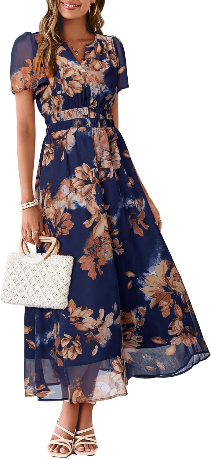 Simplee Women Floral Summer Maxi Dress Boho Flowy Casual Chiffon Short Sleeves V Neck Long Wedding Guest Dresses