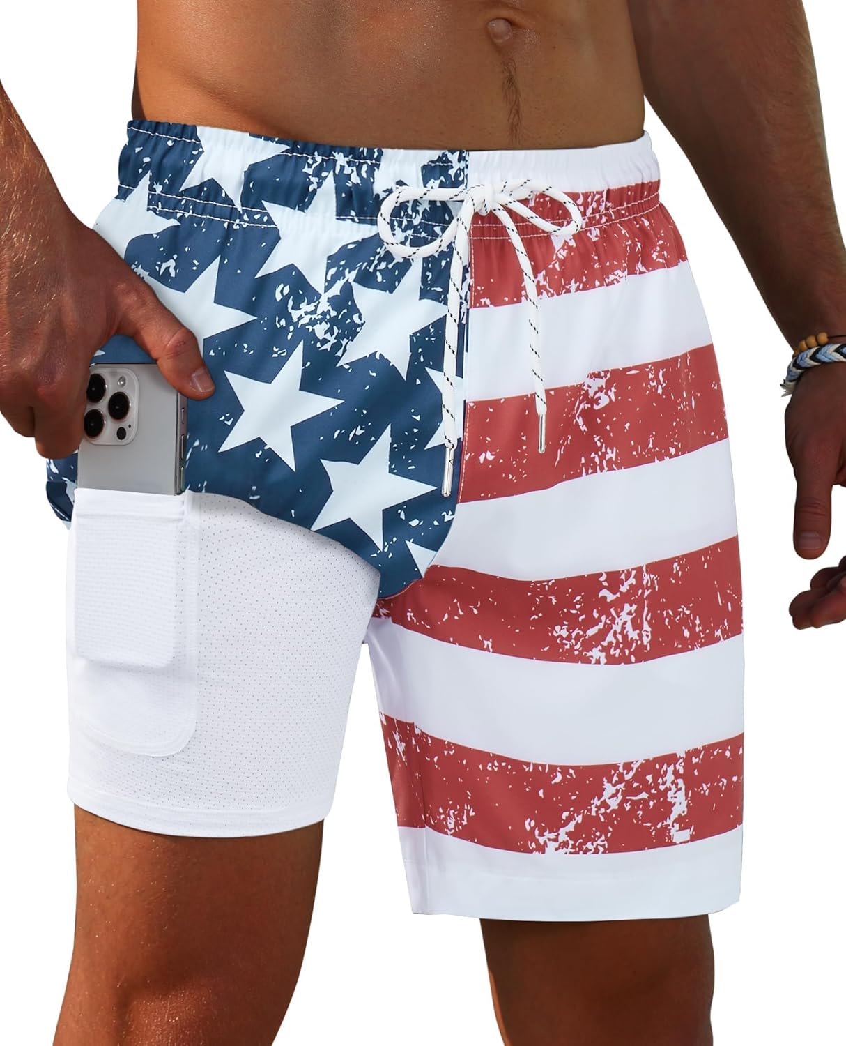 Gleeease 7inch Mens Swim Trunks 2 in 1 with Compression Liner Pockets Drawstring Quick Dry Stretch Lined Funny Beach Pool