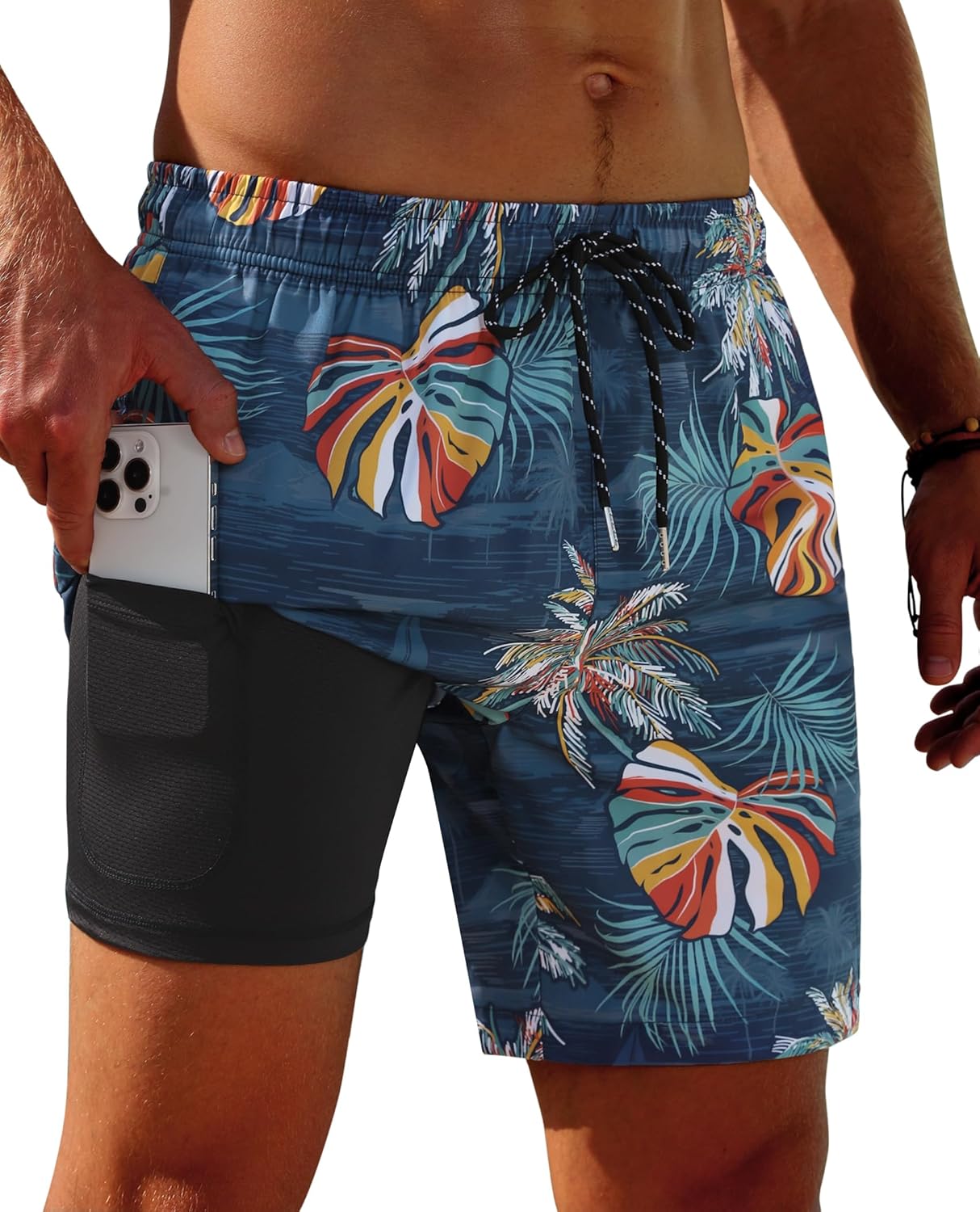Gleeease 7inch Mens Swim Trunks 2 in 1 with Compression Liner Pockets Drawstring Quick Dry Stretch Lined Funny Beach Pool