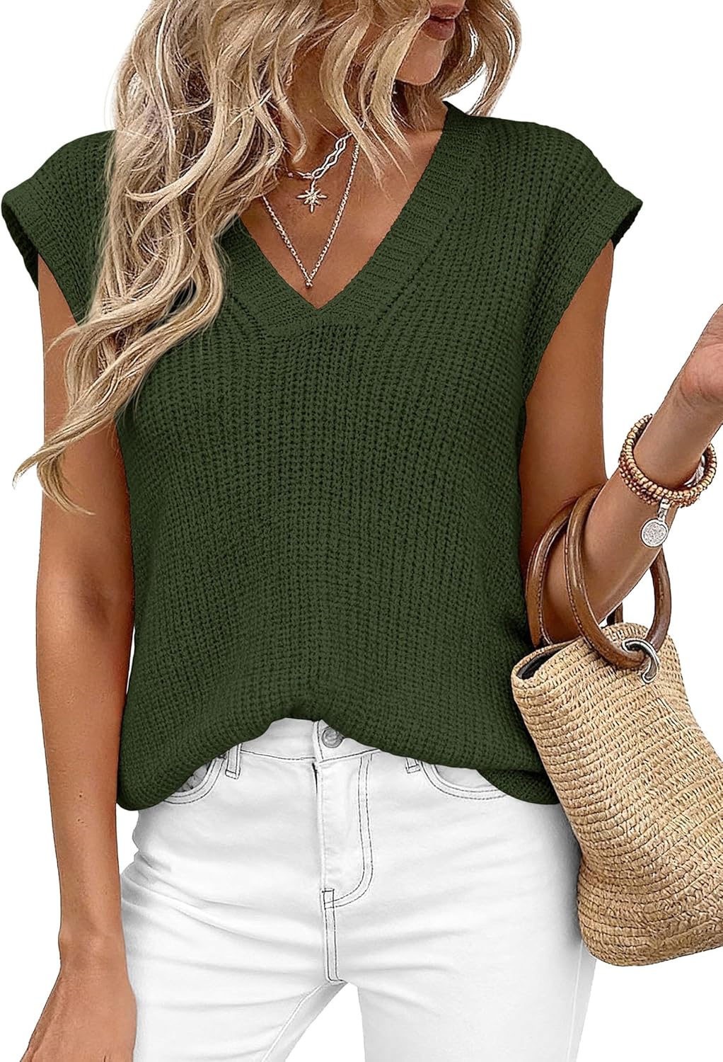 PRETTYGARDEN Women's 2026 Lightweight Sweaters Vest Spring Trendy Cap Sleeve V Neck Knit Tank Tops Summer Going Out Outfits