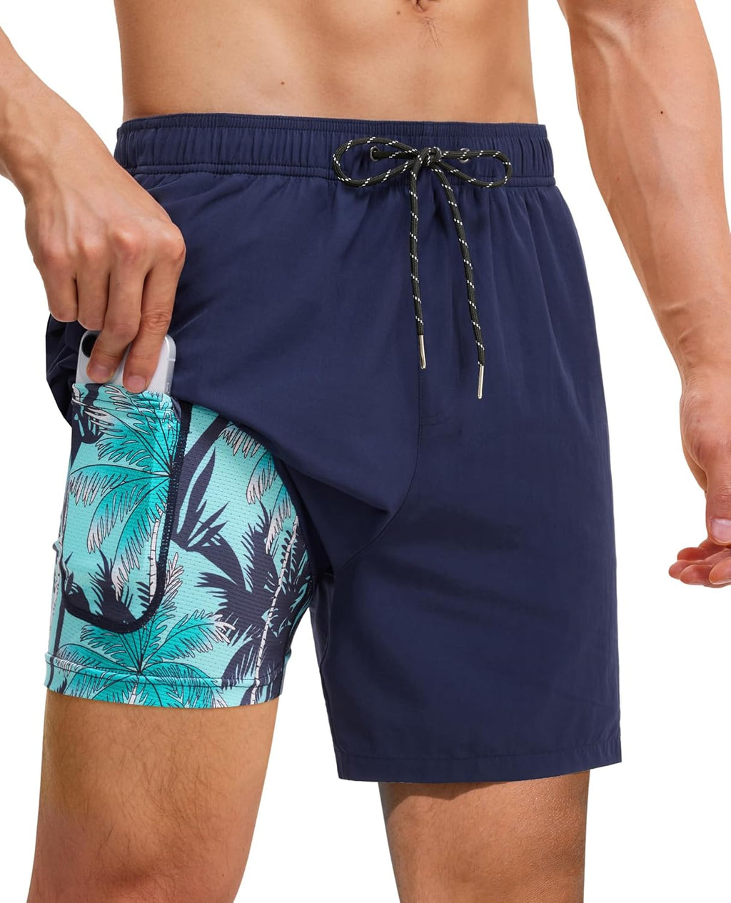 Gleeease 7inch Mens Swim Trunks 2 in 1 with Compression Liner Pockets Drawstring Quick Dry Stretch Lined Funny Beach Pool