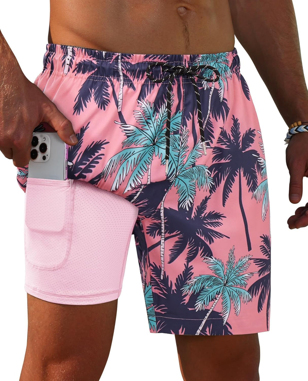 Gleeease 7inch Mens Swim Trunks 2 in 1 with Compression Liner Pockets Drawstring Quick Dry Stretch Lined Funny Beach Pool