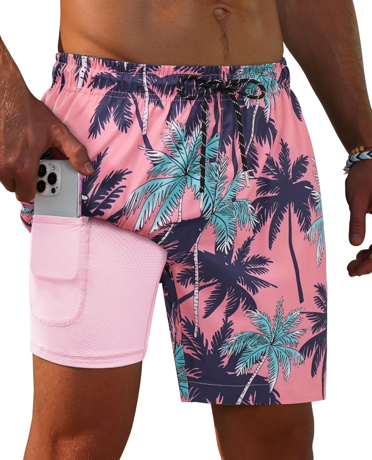 Gleeease 7inch Mens Swim Trunks 2 in 1 with Compression Liner Pockets Drawstring Quick Dry Stretch Lined Funny Beach Pool