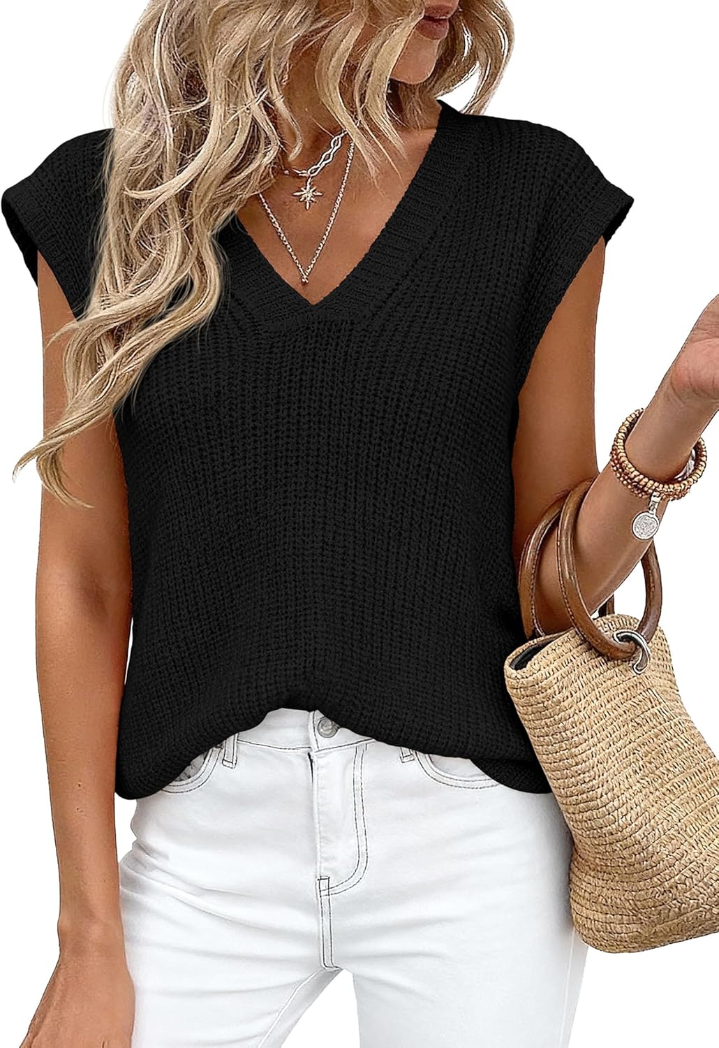 PRETTYGARDEN Women's 2026 Lightweight Sweaters Vest Spring Trendy Cap Sleeve V Neck Knit Tank Tops Summer Going Out Outfits