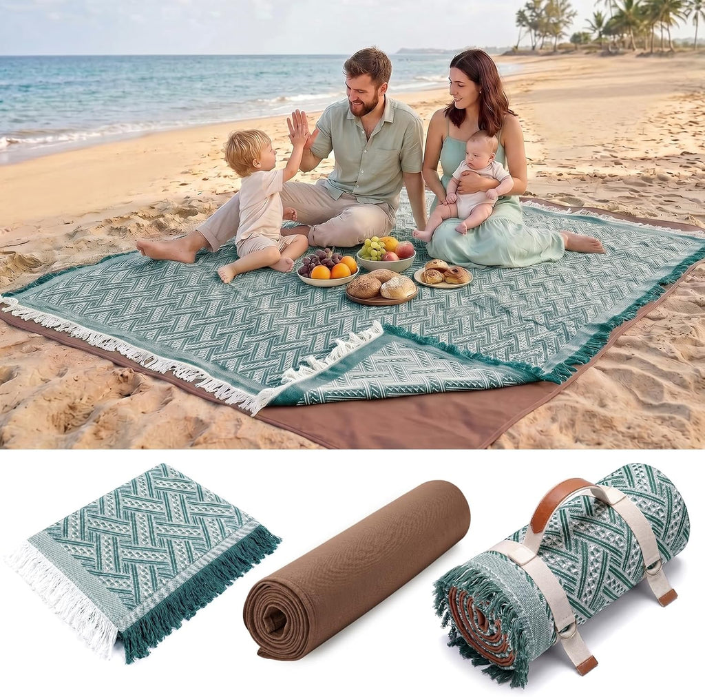 Genovega 2 in 1 Extra Large Rug Outdoor Picnic Blanket Waterproof Woven Boho Mat Giant Beach Towel Travel Essential Yoga Accessories Park Patio Lawn Garden Ground Music Festival Concert Must Have