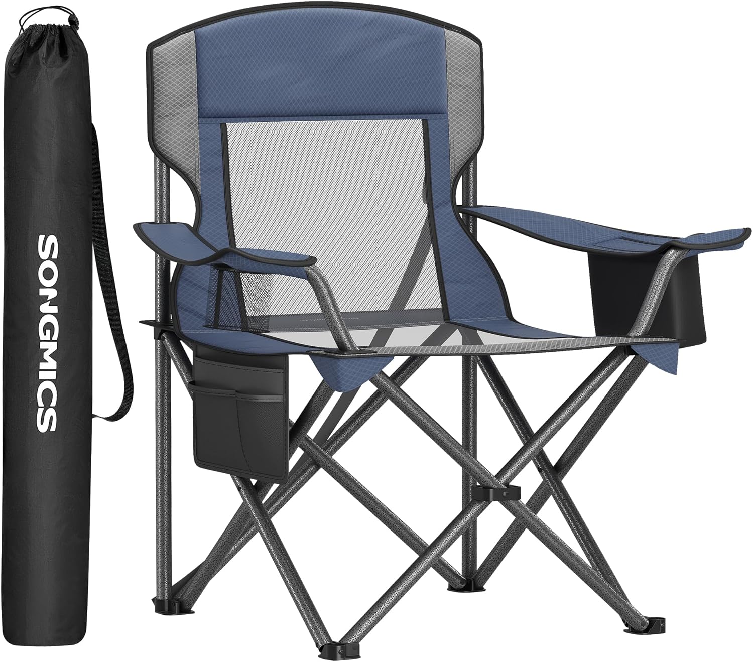 SONGMICS 2 Pack Breathable Camping Chairs, 330 lb Capacity Foldable Outdoor Chairs, High Back, Adjustable Armrests & Cup Holder, for Sports Garden Backyard, Ink Black UGCB028B02