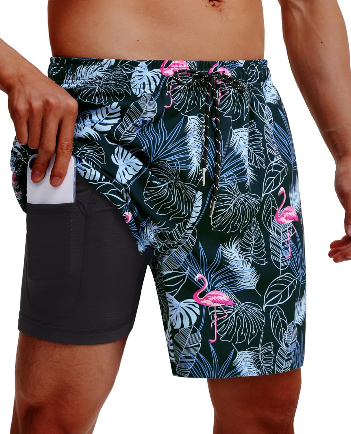 Gleeease 7inch Mens Swim Trunks 2 in 1 with Compression Liner Pockets Drawstring Quick Dry Stretch Lined Funny Beach Pool