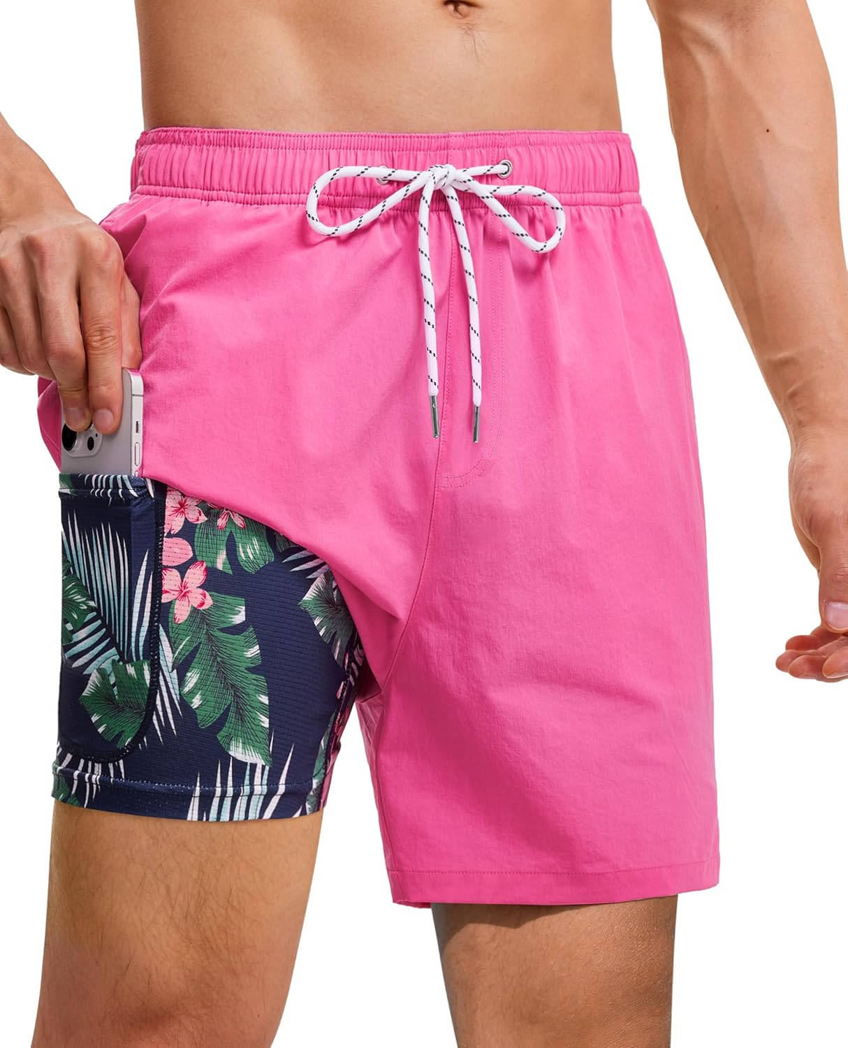 Gleeease 7inch Mens Swim Trunks 2 in 1 with Compression Liner Pockets Drawstring Quick Dry Stretch Lined Funny Beach Pool