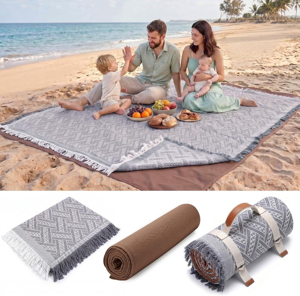Genovega 2 in 1 Extra Large Rug Outdoor Picnic Blanket Waterproof Woven Boho Mat Giant Beach Towel Travel Essential Yoga Accessories Park Patio Lawn Garden Ground Music Festival Concert Must Have