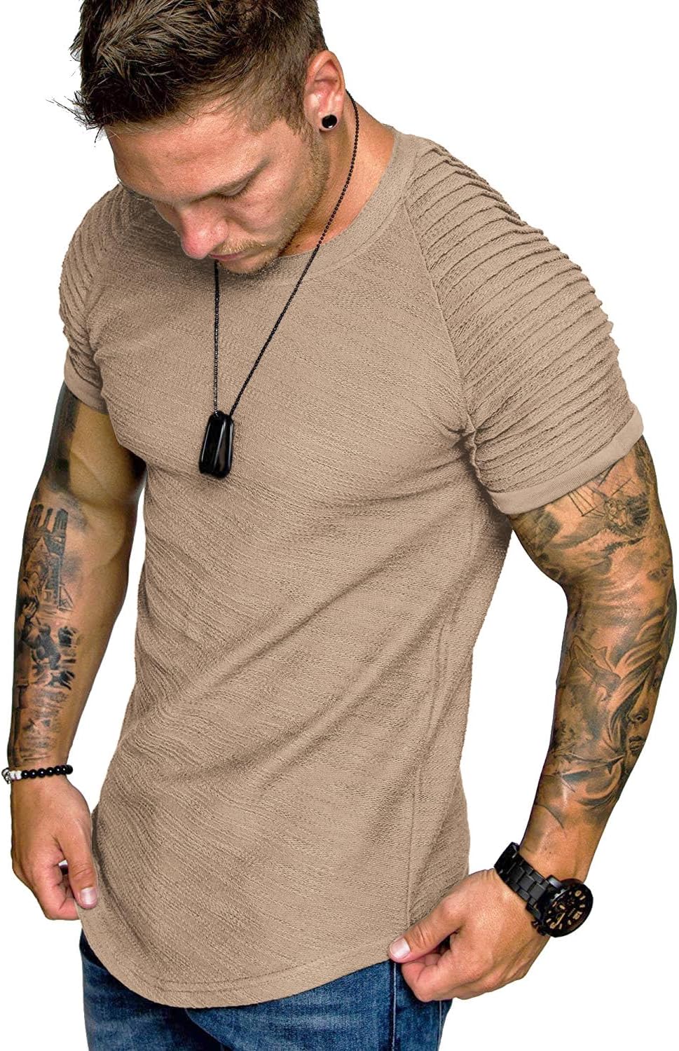 COOFANDY Men's Muscle T-Shirt Pleated Raglan Sleeve Bodybuilding Gym Tee Short Sleeve Fashion Workout Shirts Hipster Shirt