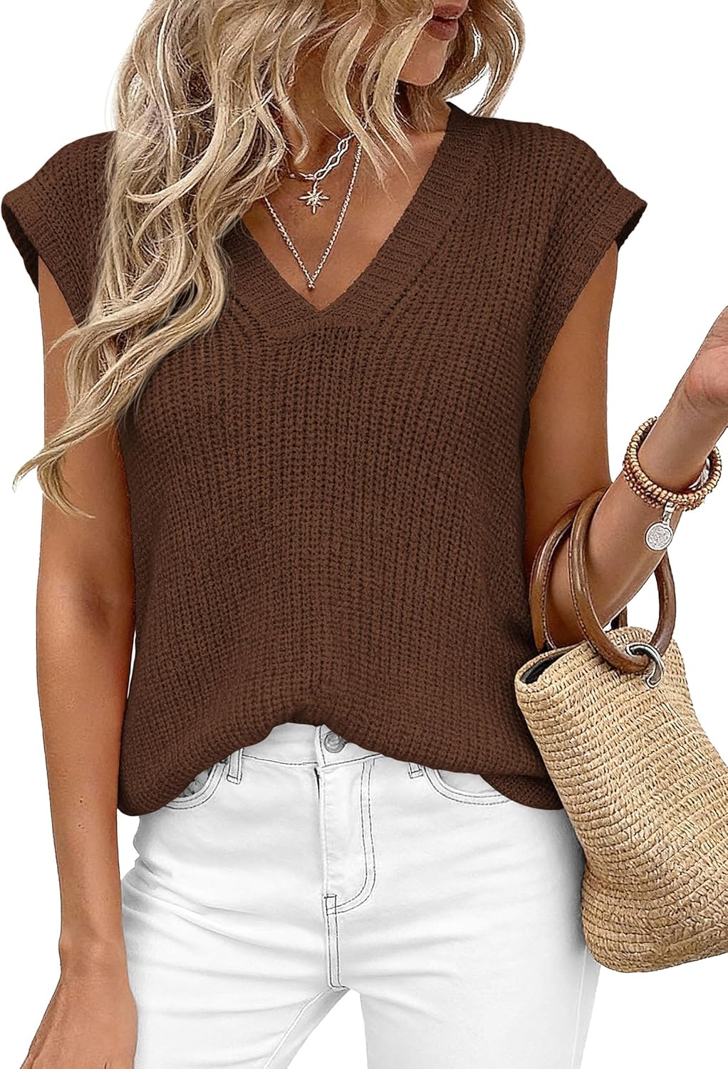 PRETTYGARDEN Women's 2026 Lightweight Sweaters Vest Spring Trendy Cap Sleeve V Neck Knit Tank Tops Summer Going Out Outfits