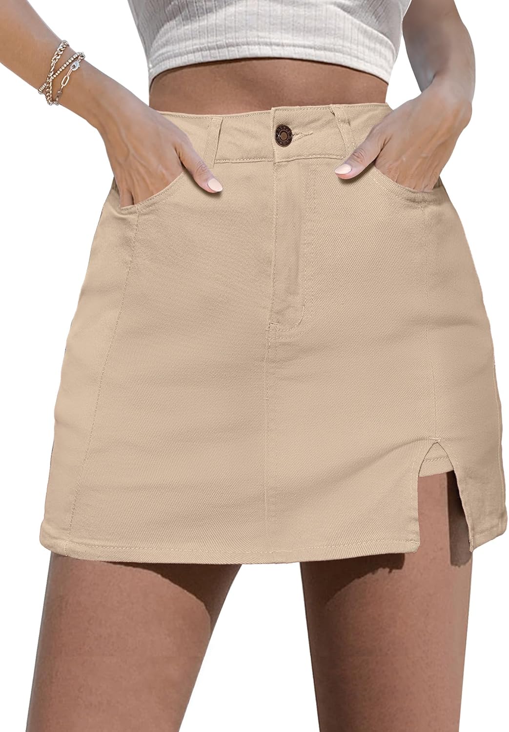 luvamia Skorts Skirts for Women Denim Mini Skirt Side Slit with High Waisted Jean Shorts Stretchy