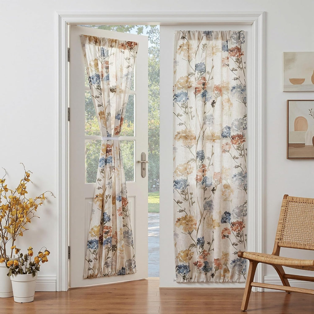 MYSKY HOME Floral Linen Curtains 84 inch Length 2 Panels Set Summer Flower Patterned Semi Sheer Light Filtering Privacy Farmhouse Grommet Drapes for Living/Dining Room, Yellow, W52 x L84, Pack-2