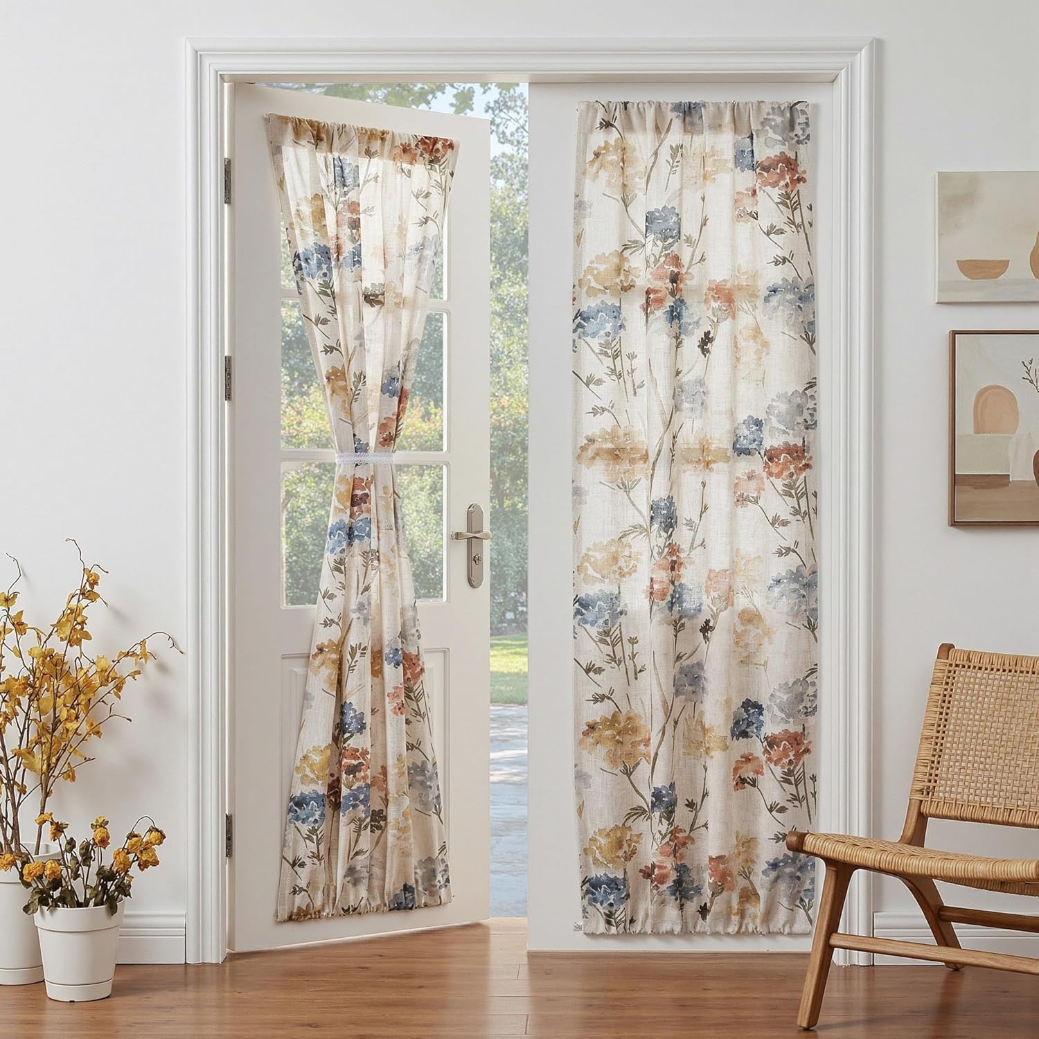 MYSKY HOME Floral Linen Curtains 84 inch Length 2 Panels Set Summer Flower Patterned Semi Sheer Light Filtering Privacy Farmhouse Grommet Drapes for Living/Dining Room, Yellow, W52 x L84, Pack-2