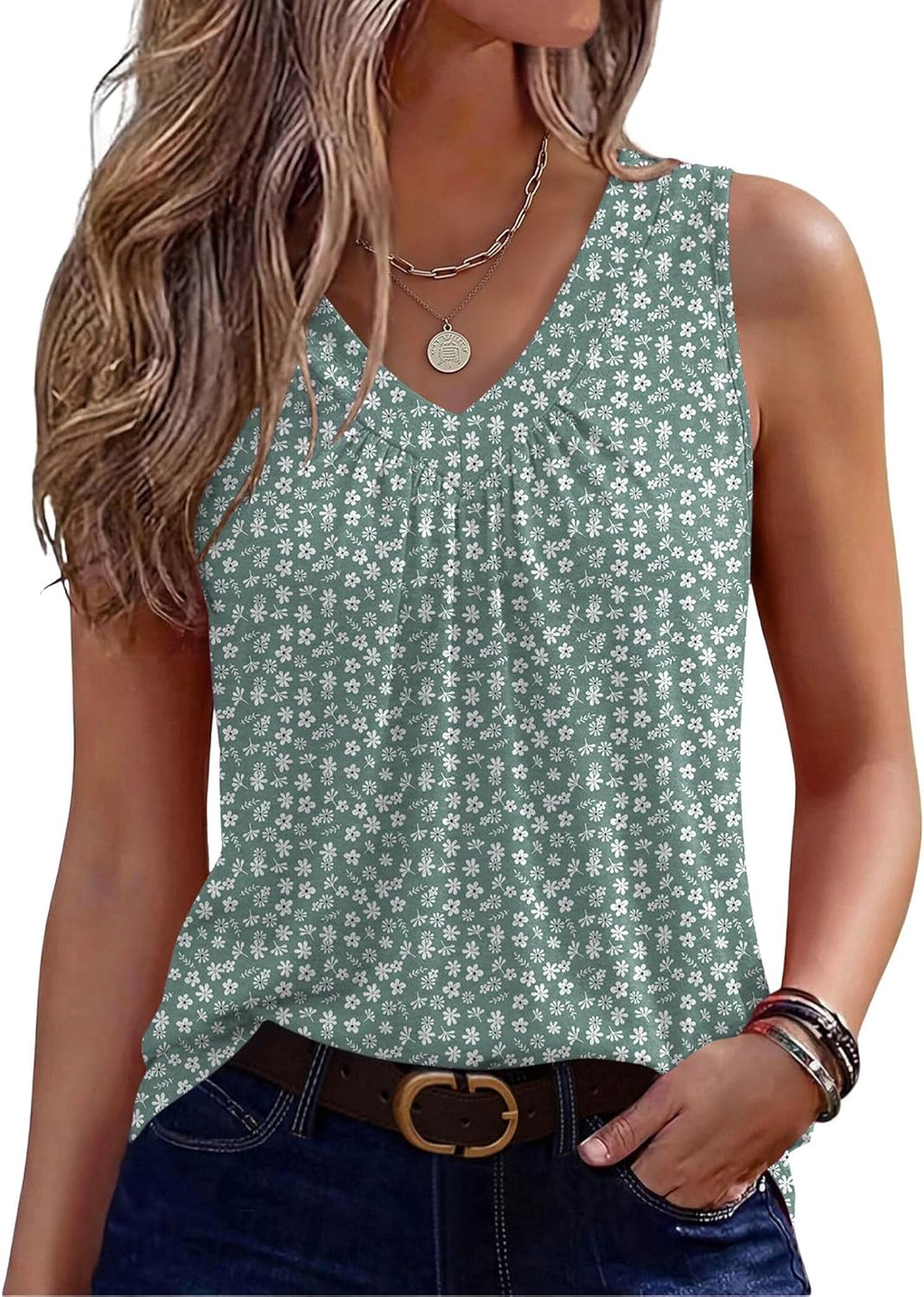 Zeagoo Womens Tank Tops Summer Sleeveless Loose Fit Tops V Neck Pleated Shirts Basic Tees Dressy Casual Trendy Clothes
