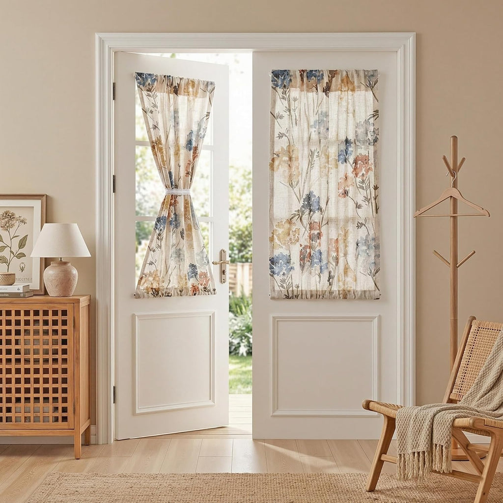 MYSKY HOME Floral Linen Curtains 84 inch Length 2 Panels Set Summer Flower Patterned Semi Sheer Light Filtering Privacy Farmhouse Grommet Drapes for Living/Dining Room, Yellow, W52 x L84, Pack-2