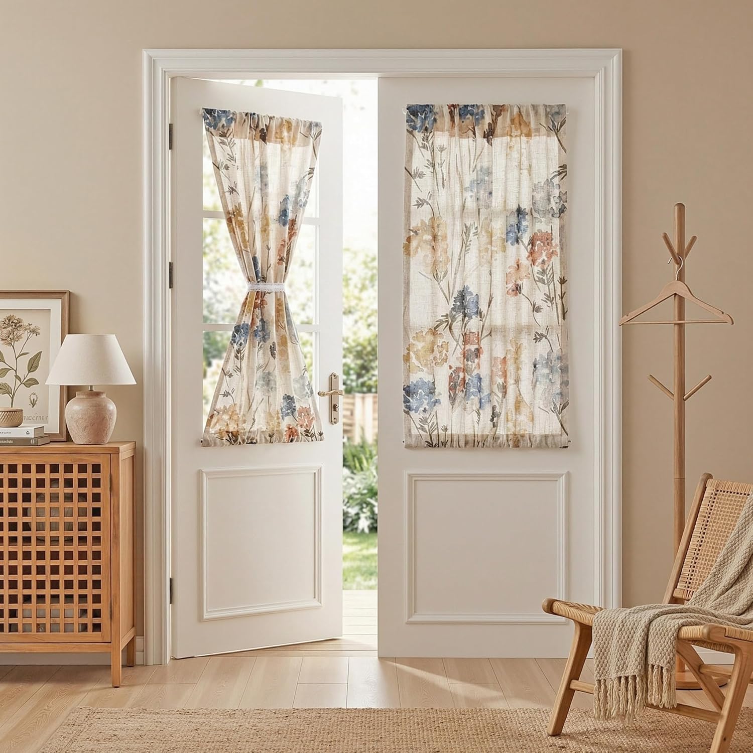 MYSKY HOME Floral Linen Curtains 84 inch Length 2 Panels Set Summer Flower Patterned Semi Sheer Light Filtering Privacy Farmhouse Grommet Drapes for Living/Dining Room, Yellow, W52 x L84, Pack-2