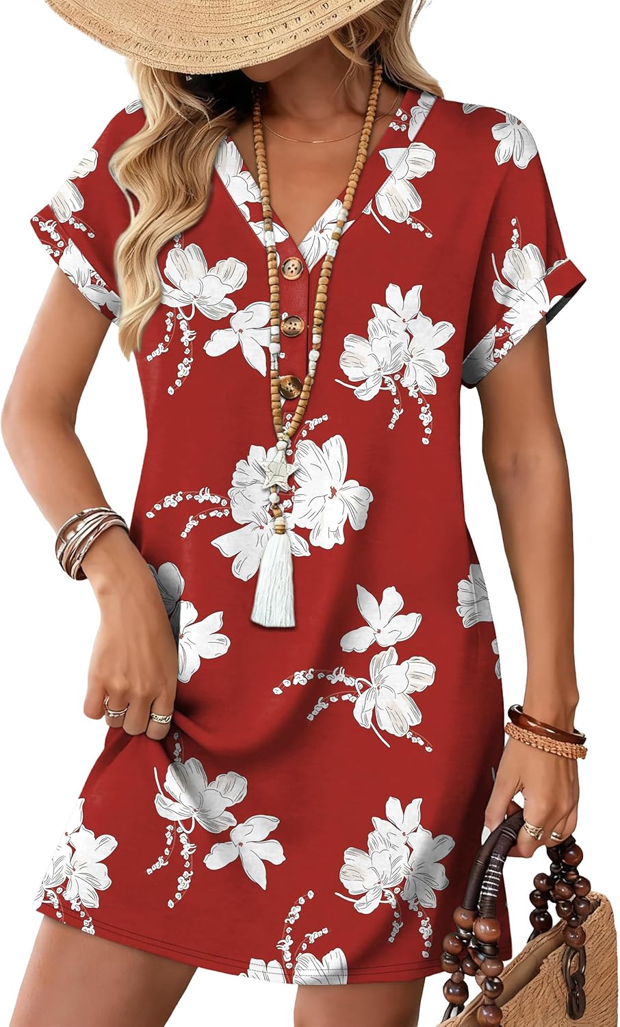 WIHOLL Summer Dresses for Women with Sleeves Midi Dress Button Down Beach Vacation Casual Dresses Fashion Clothing
