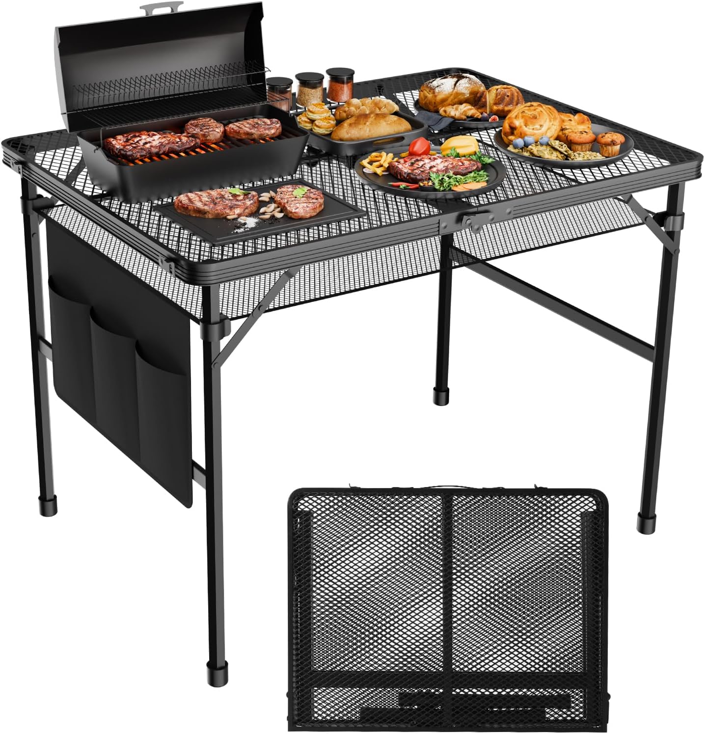 WildFinder Folding Table with 2 Wing Panels, 3x2 FT Camping Table with Mesh Desktop,Height Adjustable Folding Grill Table with Mesh Bag,Portable Outdoor Table for Picnic,Camping,BBQ,Beach(Black)