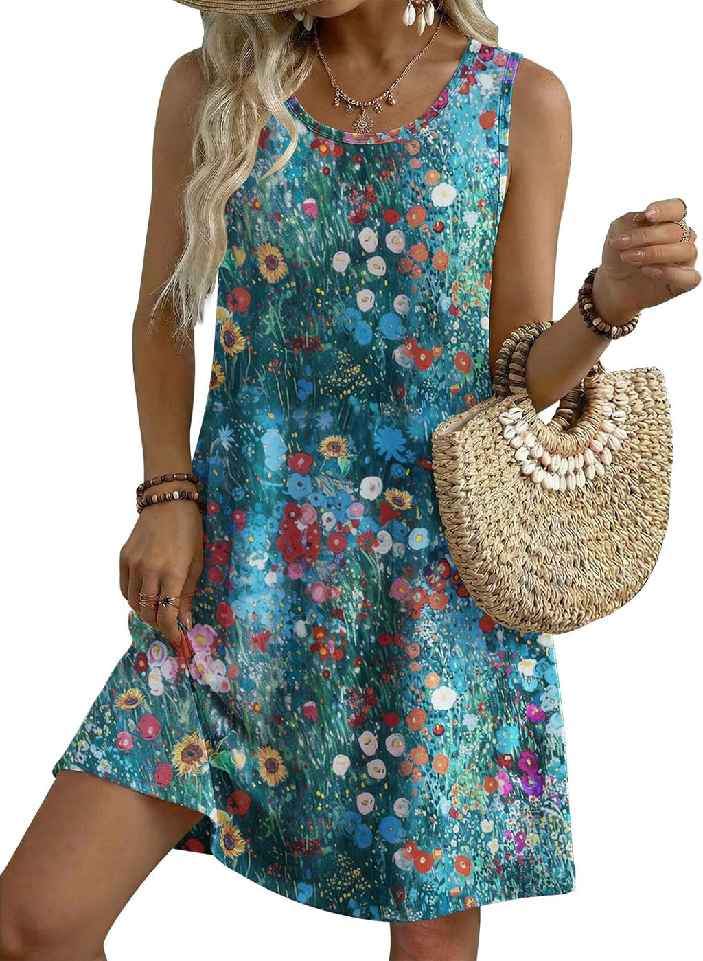 Zeagoo Summer Dresses for Women 2026 Sleeveless Casual Floral Tshirt Sundress with Pockets Loose Tank Beach Dress