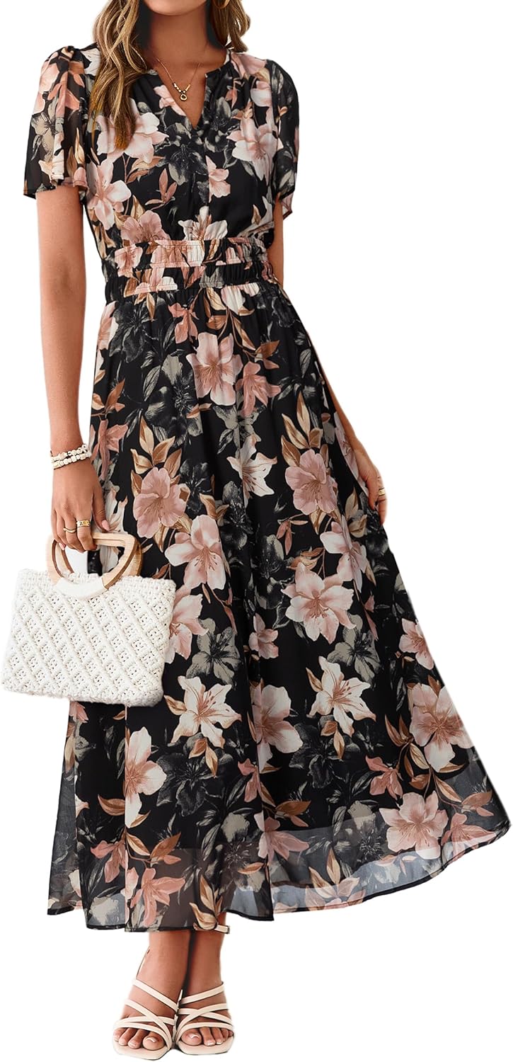 Simplee Women Floral Summer Maxi Dress Boho Flowy Casual Chiffon Short Sleeves V Neck Long Wedding Guest Dresses